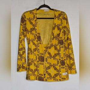 Odd Molly Vintage Deep V-Cut Long Sleeve Top in Gold Terry Cloth Portugal Made🇵🇹